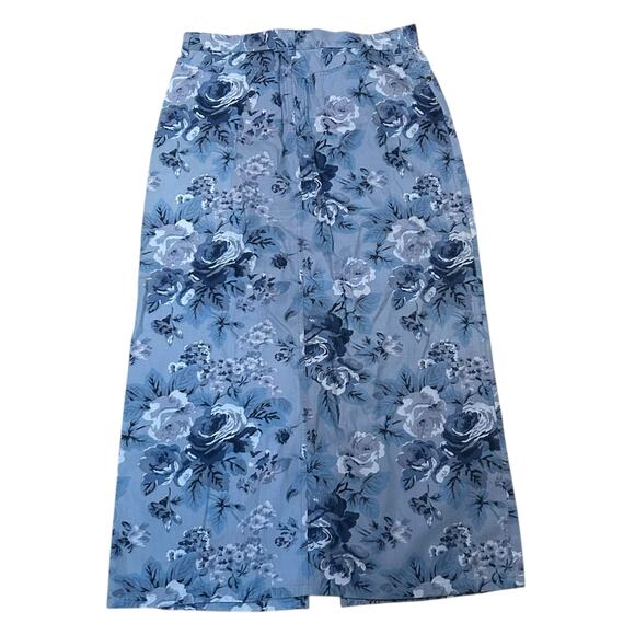 Vintage 90s Eddie Bauer Floral Blue Denim Maxi Skirt Size 12 Front Slit Modest - Picture 3 of 4
